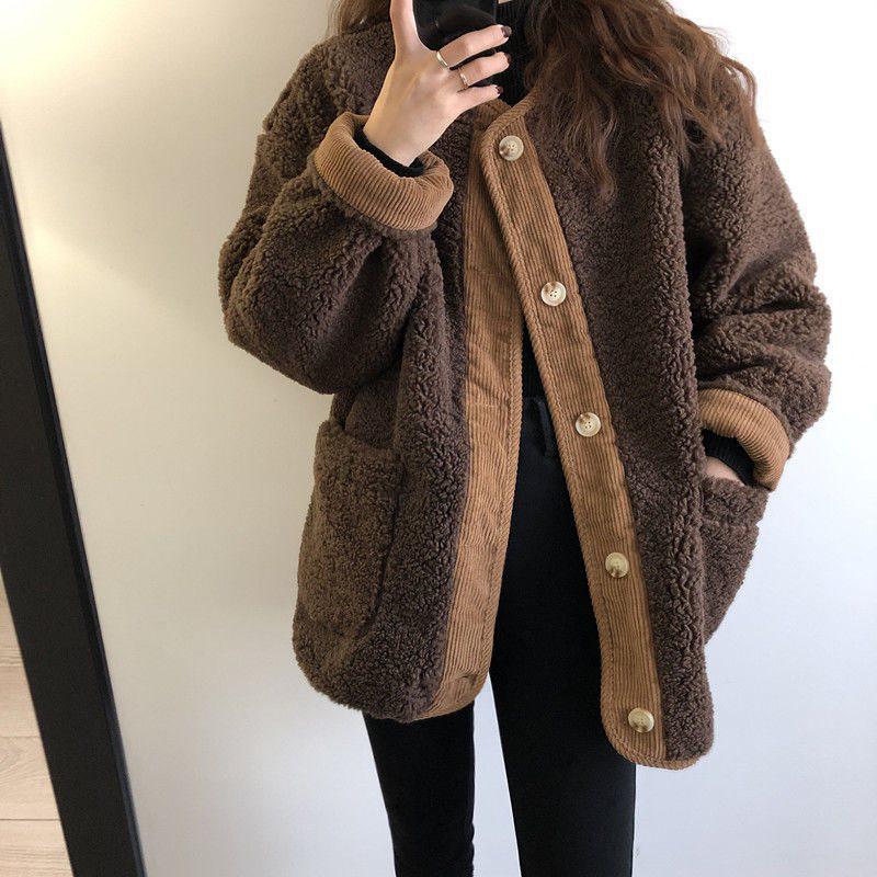 Korean Style Lamb Wool Corduroy Patchwork Coat - Women's Round Neck Loose Fit for Autumn and Winter