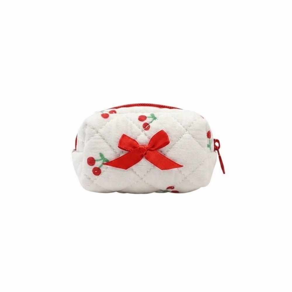 Embroidered Bowknot Quilted Cosmetic Pouch Floral Print Small Coin Purse Teenage Girls
