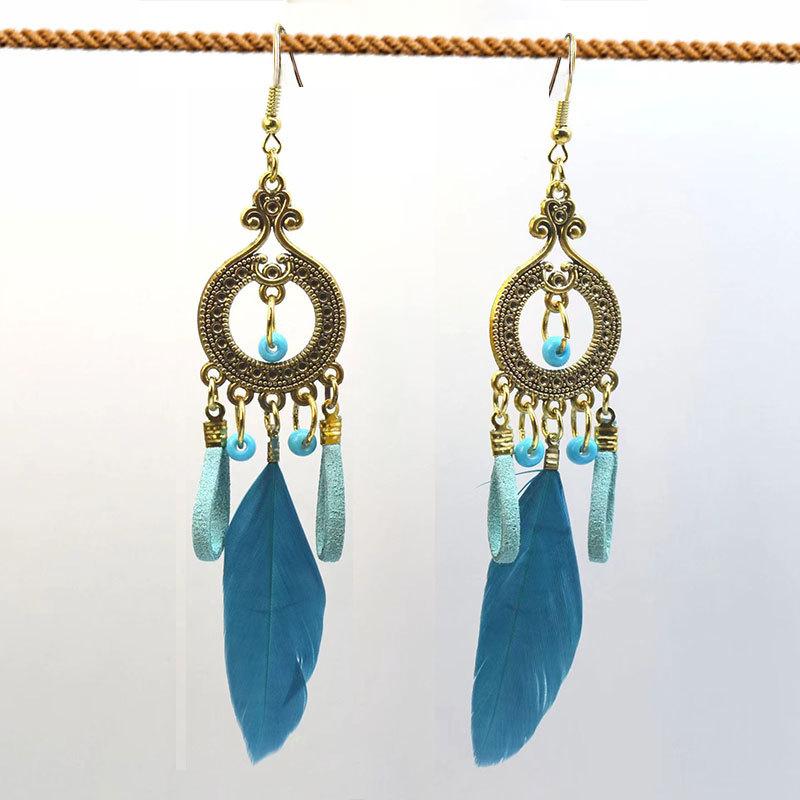 Ethnic Style Long Feathered Fringed Earrings Retro Bohemian Travel Auction Earrings Jewelry