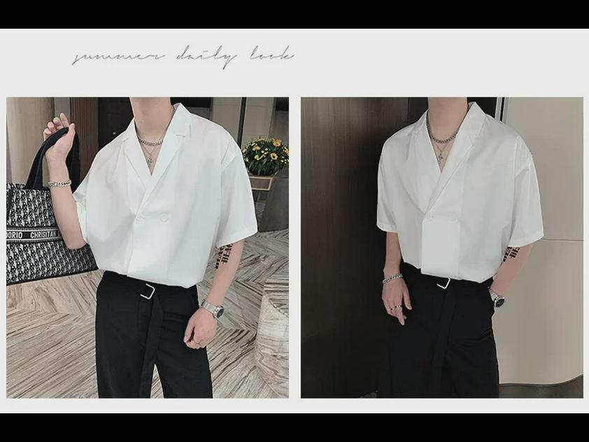 Stylish Men's Korean Short-Sleeved Luxury Drape Suit Collar Shirt for Hair Stylists