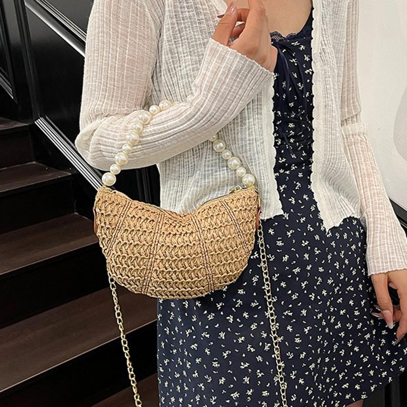 Spring New Casual Straw Woven Beading Shoulder Bags High Quality Personality Fashion Portable Crossbody Bags for Women
