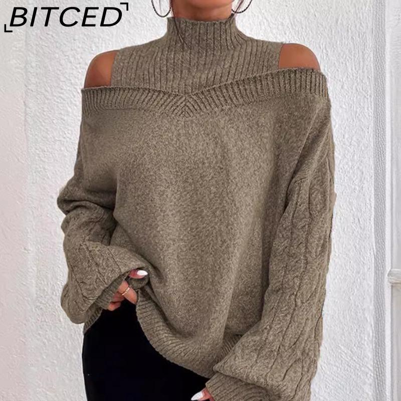 Damen Pullover mit offenen Schultern und halbem Stehkragen für Herbst/Winter - Gestricktes Oversize Top
