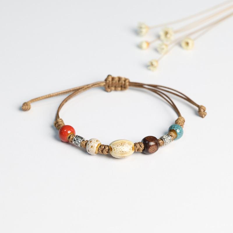 Kaseakia Handmade Vintage Ceramic Stone Beads Wax Cord Adjustable Beaded Bracelets Bohemian Boho Jewelry for Women