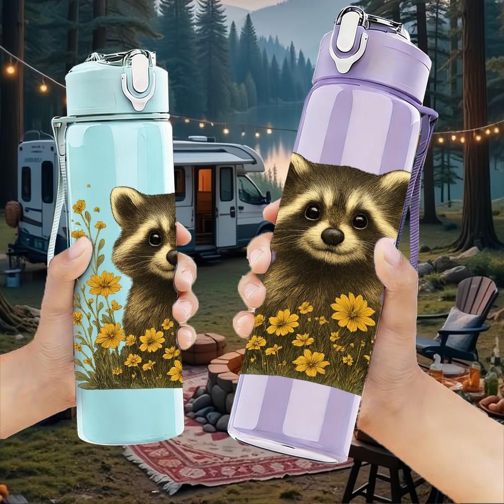 1PC Floral Sunflower Raccoon 750ml Color Plastic Sports Water Bottle Leakproof Flip Straw Lid Suitable for Sports Office Home Use