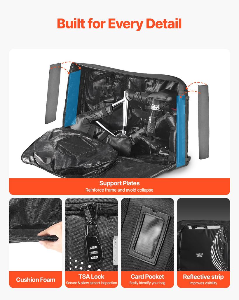VEVOR Bike Travel Bag, Transport Universal Bicycle Storage Case Bag with TSA Lock, Support Plates, Protection and Fork Mount Stabilisation