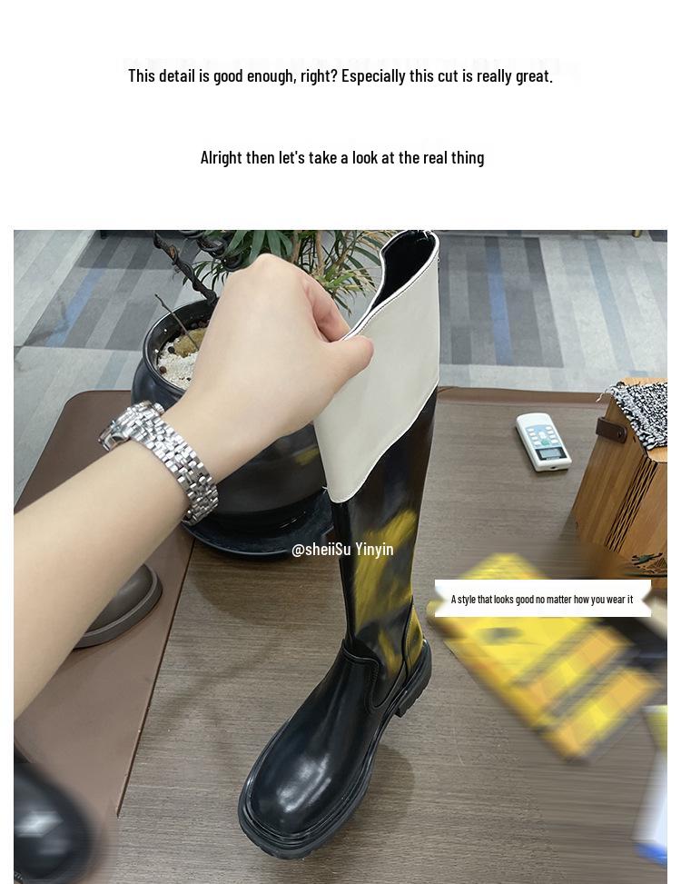 Su Yinyin Style Colorblock Round Toe Thick Sole Back Zipper Women's Riding Boots