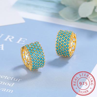 2024  Vintage Turquoise Elegant Earring Real 925 Sterling Silver Luxury Charm Hoop Earrings for Women Wedding Jewelry RHE858