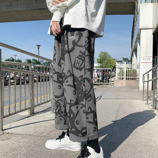 Men Casual Pants Elastic Waist Mid Rise Loose Straight Wide Leg Streetwear Pockets Cartoon Print Male Long Trousers Bottoms for Outdoor