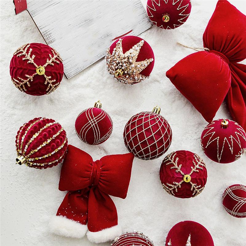 M-Modern-Christmas Balls Ornaments Wine Red Flocking Christmas Tree Decoration New Year Christmas Spheres