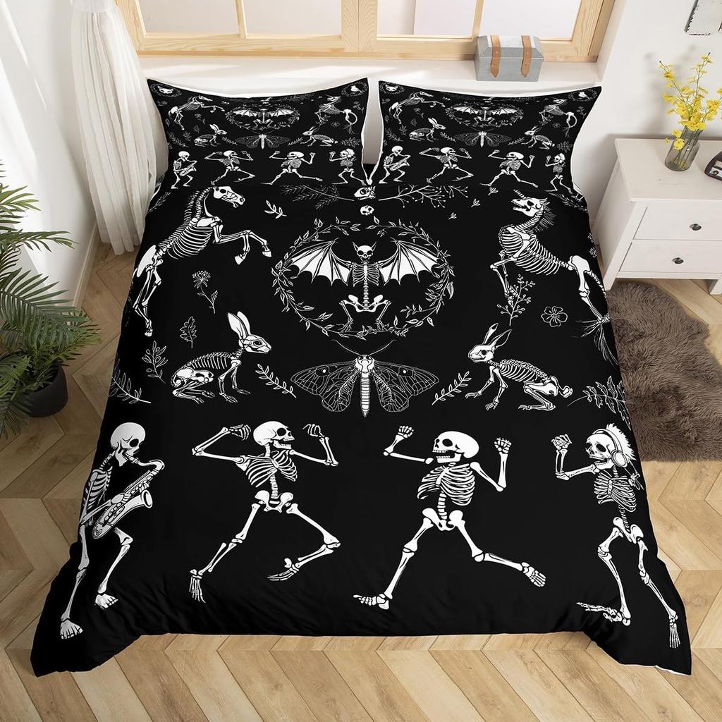 Erosebridal Sugar Skull Comforter Cover Set Skeleton Bones Duvet Cover,Gothic Moth Decor Bedding Sets Twin Magic Unicorn Rabbit Skulls Beddi