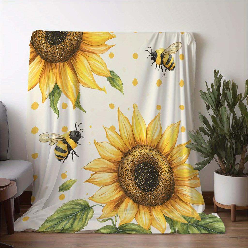 1pc Sdoo Flannel Blanket - Retro Sunflower & Bee Print, Soft Warm All-Season Throw for Sofa Bed Car Camping Office, Cozy Home De