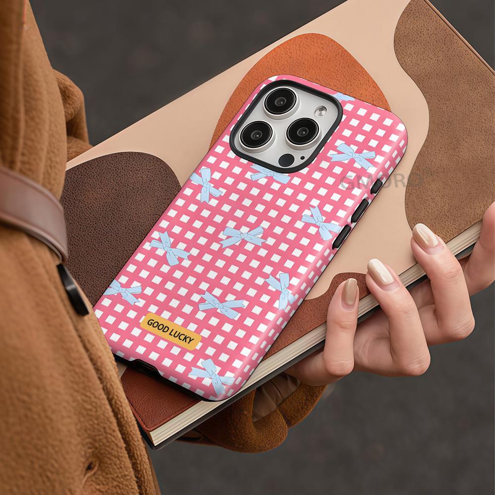 Korean Cute Girl Plaid Bow Apple 17promax Mobile Phone Case iPhone12 with Magnetic Protective Case