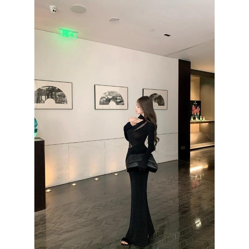 Elegant Socialite Lace Off-shoulder Women's New Slim-fitting Fishtail Waist-covering Hip Long-sleeved Dress