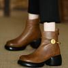Retro soft leather medium heel boots women's 2025 autumn and winter new thick heel thick sole round head fashion boots versatile velvet leather boots
