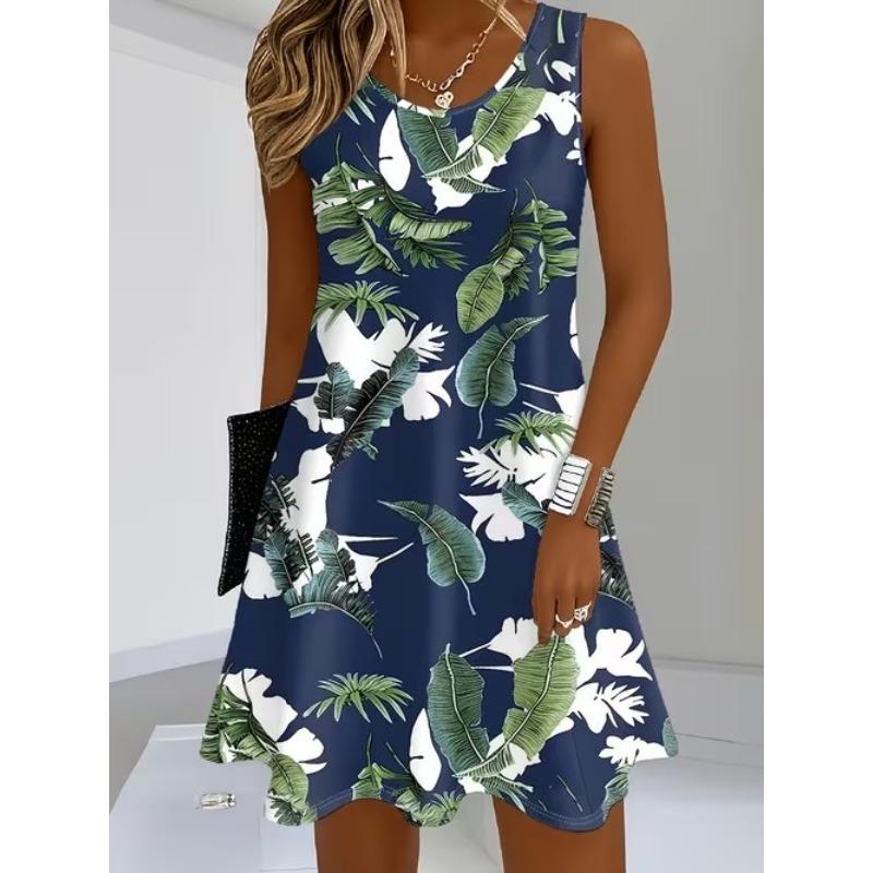 Women's Simple Drawing Flower Printed Sleeveless Round Neck Dress Loose Soft and Comfortable Plus Size Dress