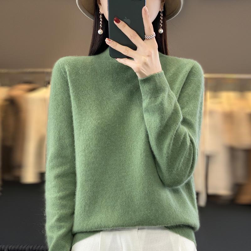 Women's Seamless Knit Half-High Neck Pullover: Loose, Slim-Fitting, Long Sleeve Sweater for Autumn/Winter