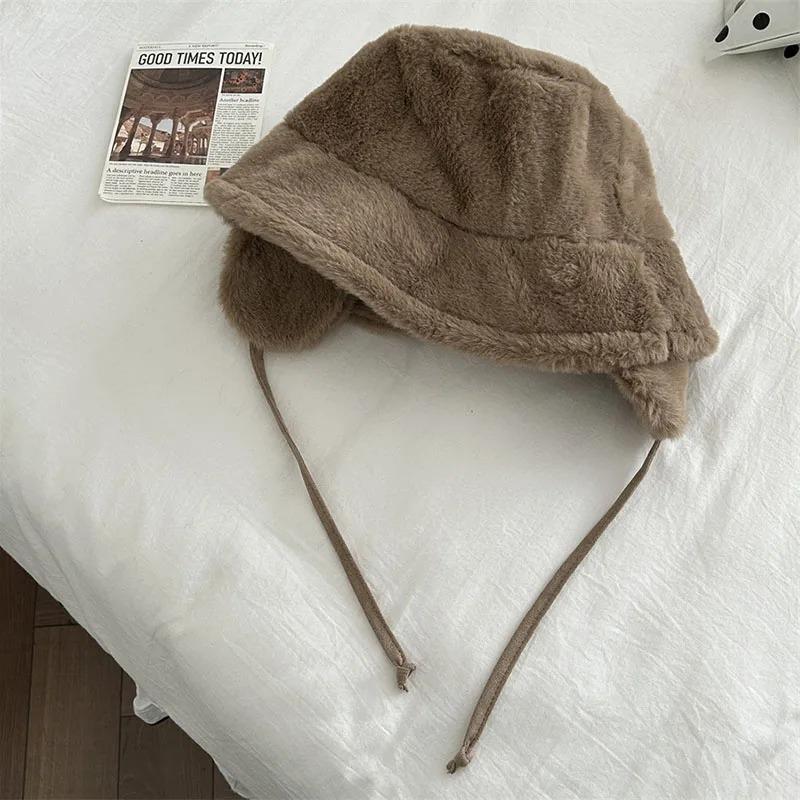 Korean New Ear Protection Bucket Hats for Women Autumn and Winter Travel Versatile Warm Retro Solid Color Plush Men's Caps