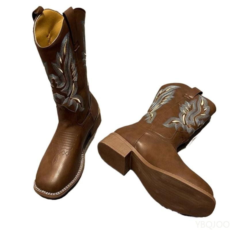 Fashion Versatile Retro Spring Summer Coarse Heel Embroidered Mid Barrel Square Head Boots Large Size Simple Comfortable Versatile Boots