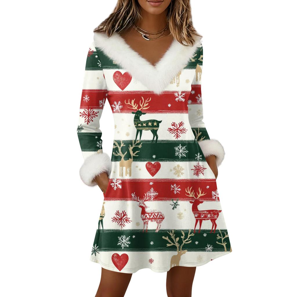 Womens Long Sleeve Pullover Dress Casual V Neck Knee Length Dresses With Pockets