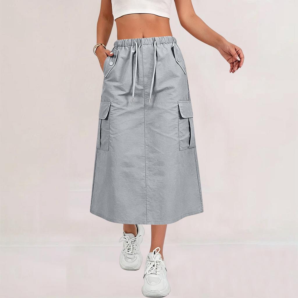 Women's Casual Long Cargo Skirt with Drawstring Waist and Pockets Lightweight Comfortable Workwear Style Skirt for Everyday Use