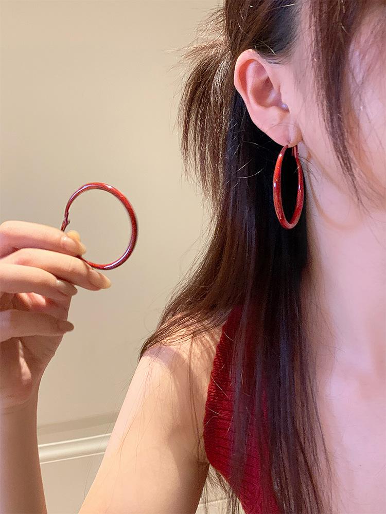 Elegant Retro Hong Kong Style Angora Red Hoop Earrings for Women