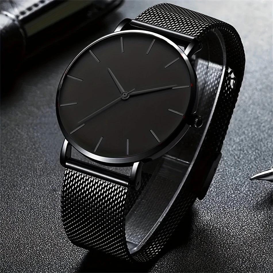 Fashion Mens Business Black Watches Luxury Stainless Steel Ultra Thin Mesh Belt Quartz Men Wrist Watch Casual Classic Male Watch