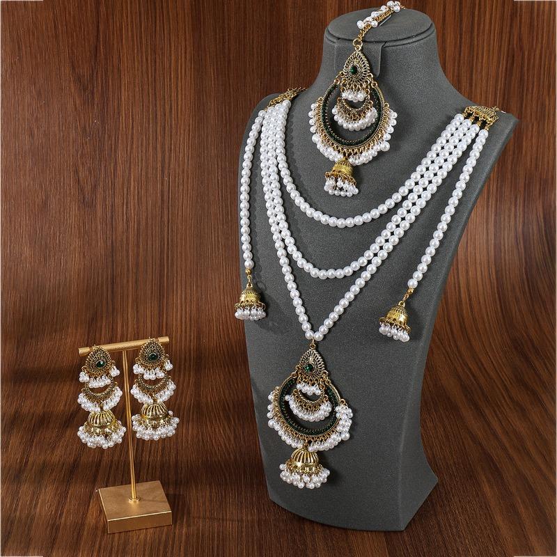 Multi-layer Pearl EarringsNecklaces Hair Chain SetsHigh-end Retro Ethnic Style Accessories