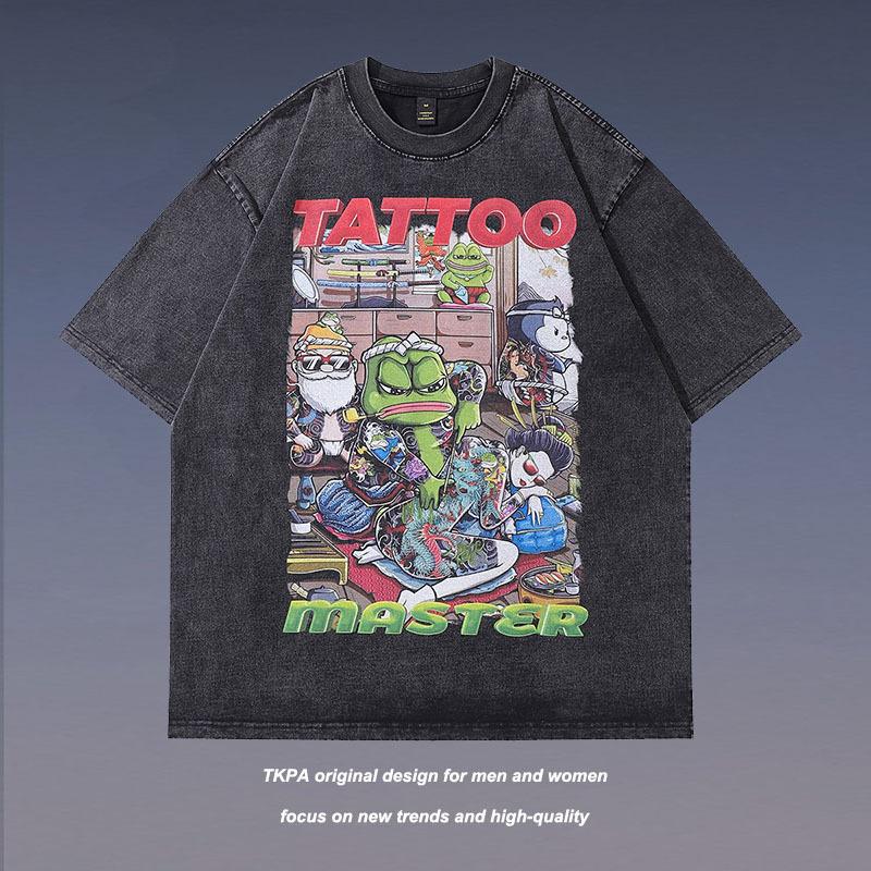Hiphop Street Fun Cartoon Print T-Shirt Men'S And Women'S Short-Sleeved American Washed Old Half-Sleeved Backing Tee