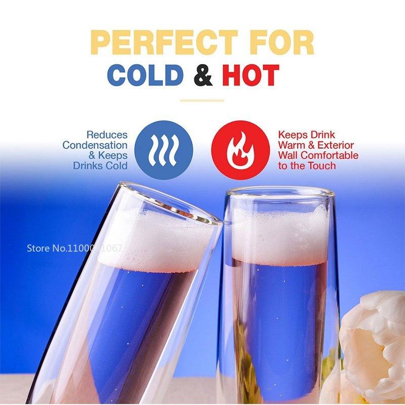 6Pcs Champagne Glasses Set Double Wall Heat Resist Glass Cup Stemless Sparkling Wine Glasses Transparent  Flute for Wedding