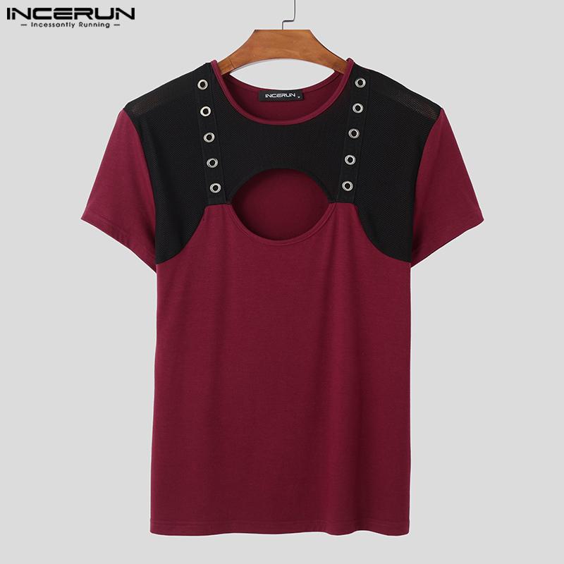 INCERUN Sommer Herren Kurzarm Mesh Transparent Patchwork Ausgeschnitten Skinny T-Shirts