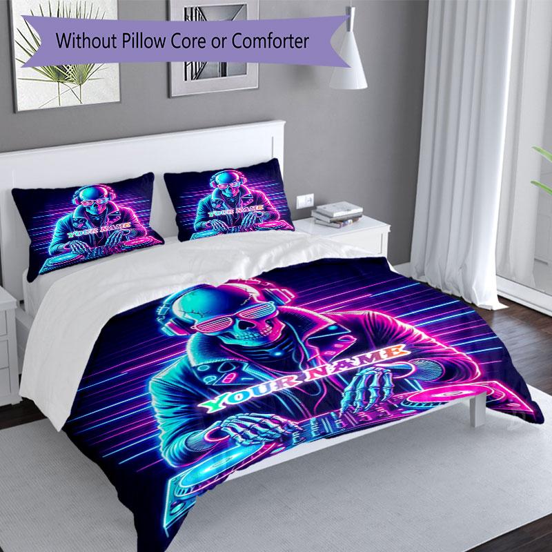 3pcs Custom Name Neon Skull DJ Vibes Bedding Set Printed Bedding Set Duvet Cover Closure Includes 1 Duvet Cover & 2 Pillowcases Bedroom Decor