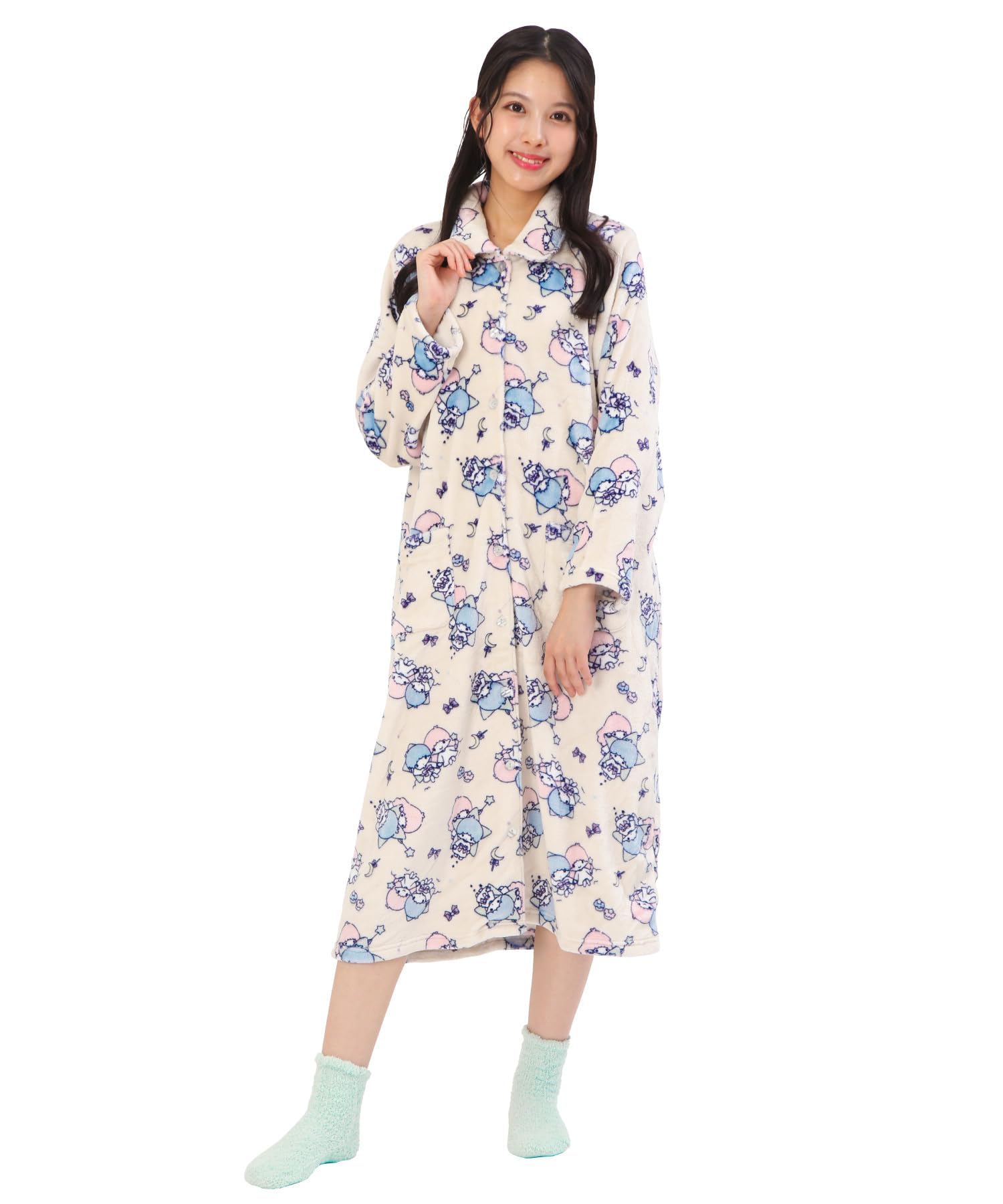 

SAZAC Ночная сорочка Платье-пижама, Женская, Пушистый принт Двойные Звезды, Длинный рукав, Открытая спереди, Фланелевая одежда для дома Осень/Зима (Слоновая кость/M-L/san1983)