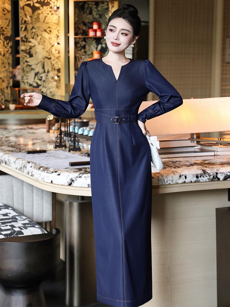 2026 Spring Women's Long Sleeve Elegant Denim Slit Dress