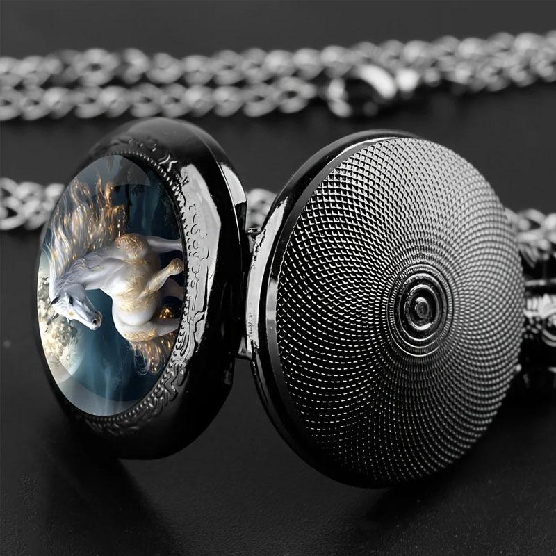 Vintage Unique Silver Horse Animal Design Necklace Pendant Quartz Pocket Watch