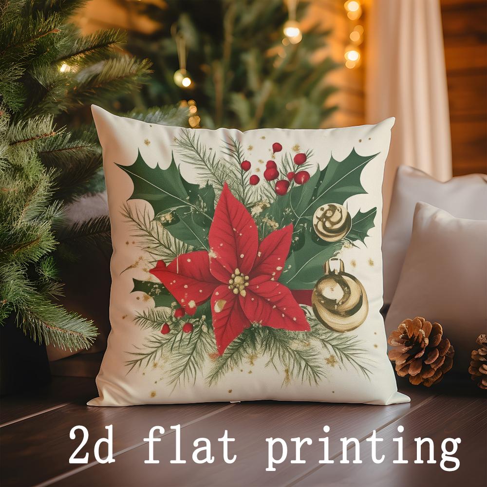 

1pcs/4pcs- Christmas Poinsettia Decorative Pillow Covers Set , Square Pillow Cover, Modern Sofa Decorative Cushion Cover 16x16Inch