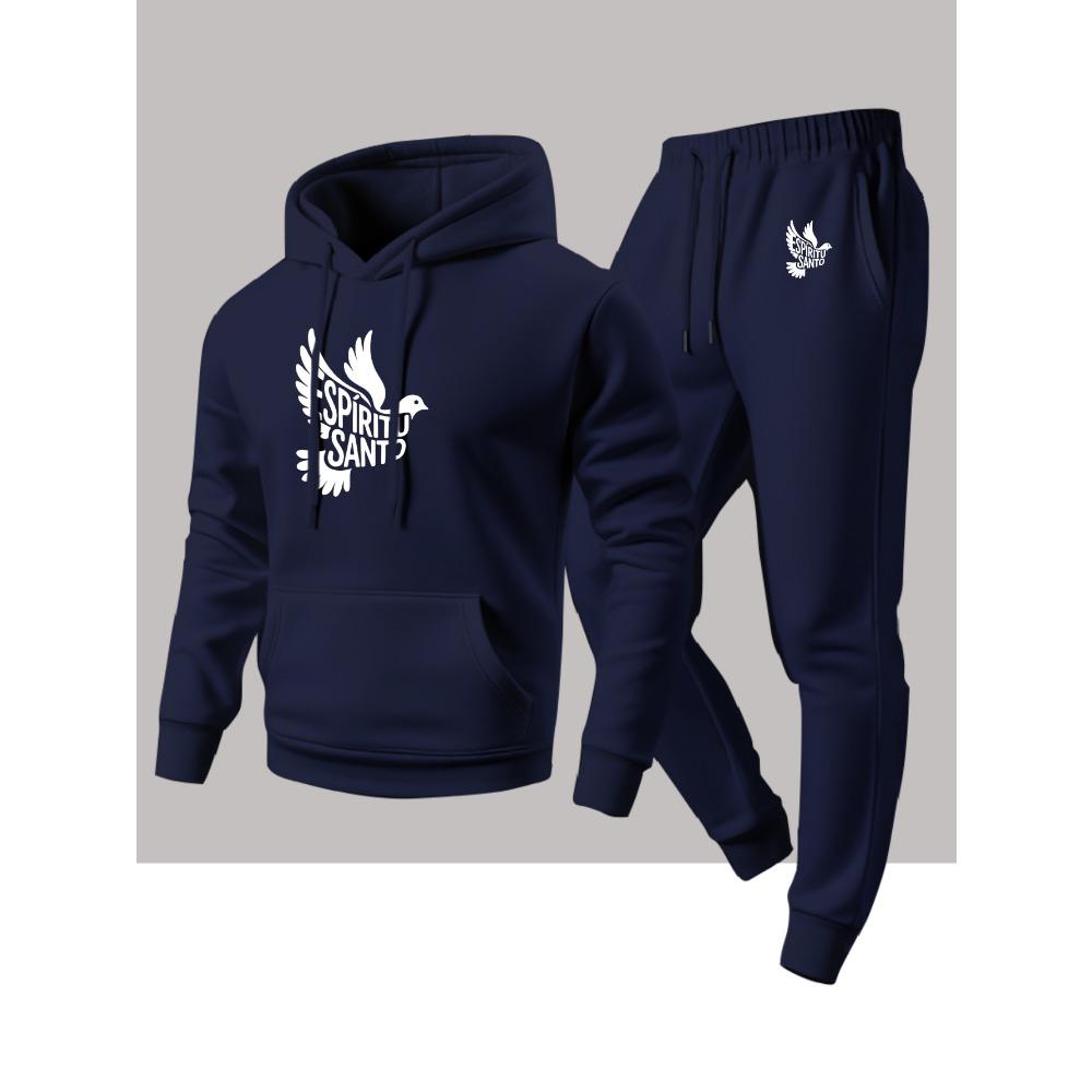 Peace Dove Letter Printed Casual Suit Men's Hooded Sweatshirt and Pants Two Piece Set Loose and Versatile Sports Suit Comfortable