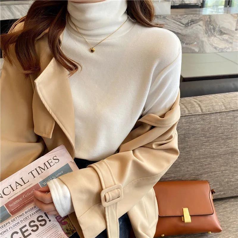 

Simple solid color turtleneck long-sleeved T-shirt women s winter German velvet thickened and velvet warm bottoming shirt with clothes inside XL белый