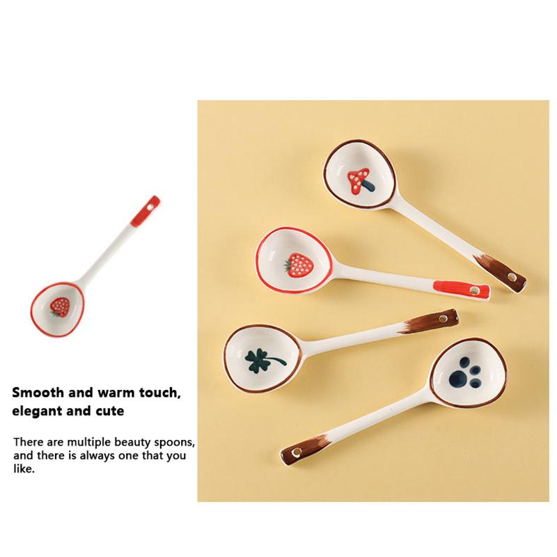 Kawaii jahodová keramická polévková lžíce roztomilá zmrzlina ručně malovaná kávová dezertní lžíce s dlouhou rukojetí kuchyňské doplňky