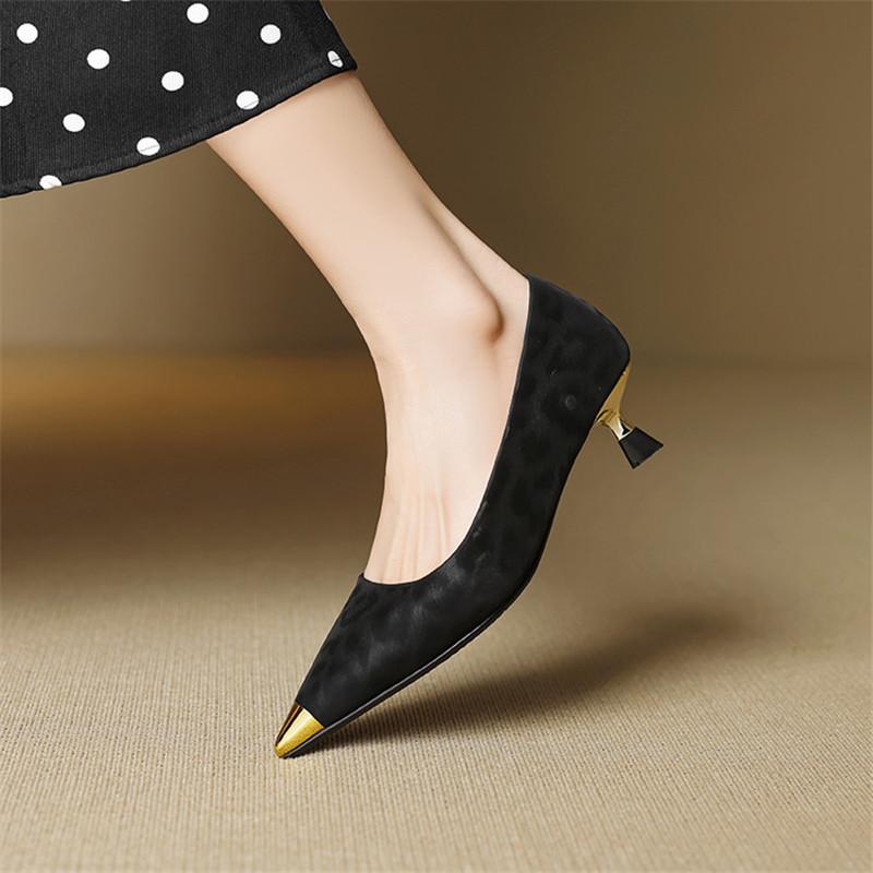 Fashion New Spring/Summer Split Leather Women Pumps Shoes for Women Fashion Leopard Print Metal Pointed Toe Loafers Shoes Women Ladies