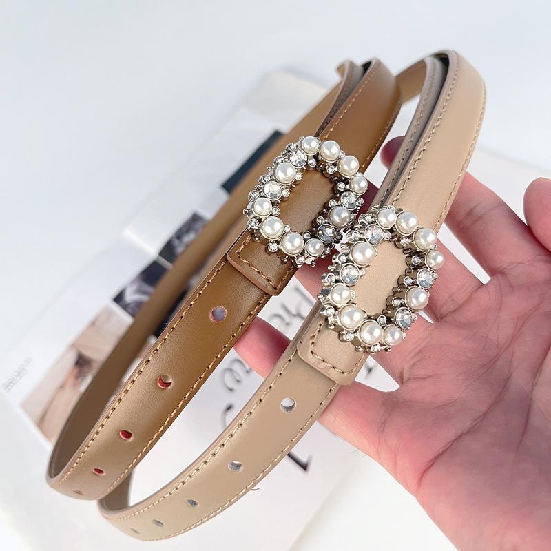 Slim Genuine Leather Women's Belt Decorative Casual Pants Jeans Inlaid with Pearl Rhinestones Sweet and Fashionable Women's Belt
