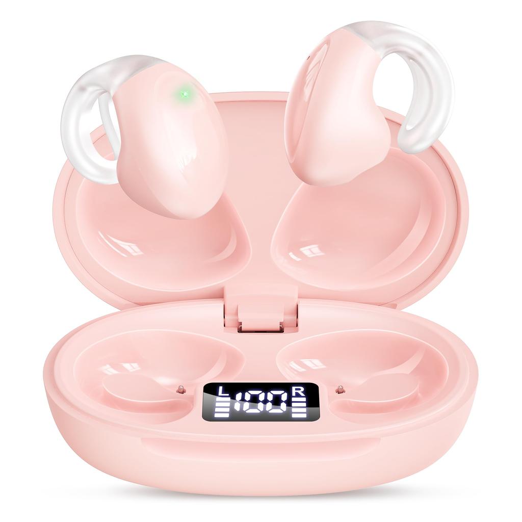 Wireless with charging Bluetooth connectivity earphones, pink, case,