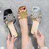 Fashion Women's Fashion Square Head Open Toe Crystal Flower Fine Strap Anti-slip Wear-resistant Sandals with Mid-heel Slippers