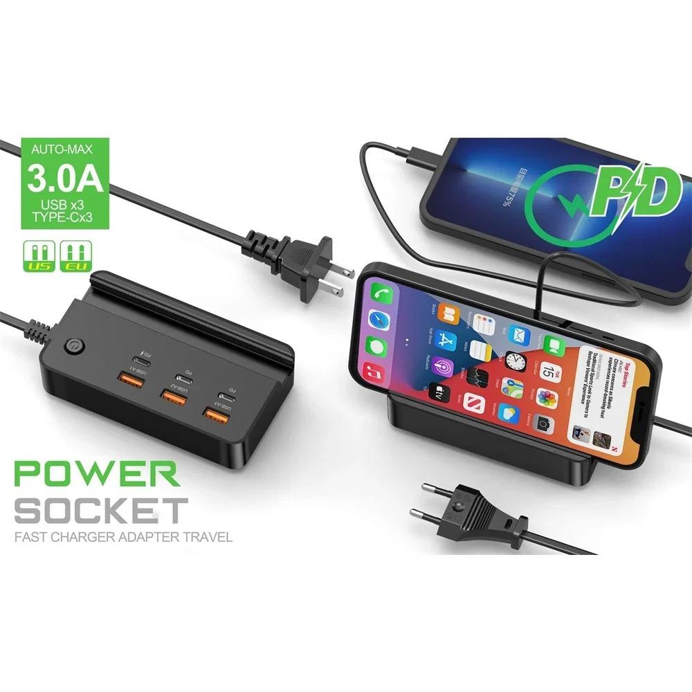 USB Type C Phone Charger Socket 35W 6 Ports Fast Charging Desktop Power Strip with Phone Holder for IPhone Samsung Xiaomi Huawei