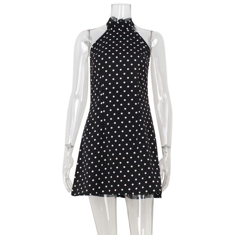 Cross-Border Style French Halter Neck Backless Slim Fit Fashionable Polka Dot Print Sexy Pure Desire European and American Style A-Line Dress