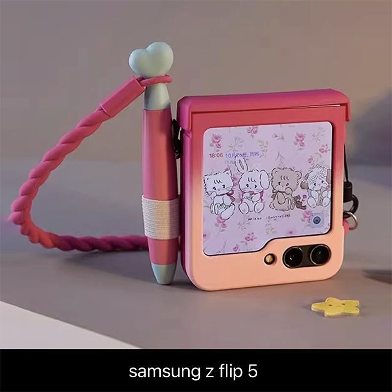 for Samsung z flip5 Case Cute Phone Case for Samsung Galaxy Z Flip5 with Stylus, Kawaii z flip 5 Cases 3d Dream Rabbit Gradient Red Pink Color Cover