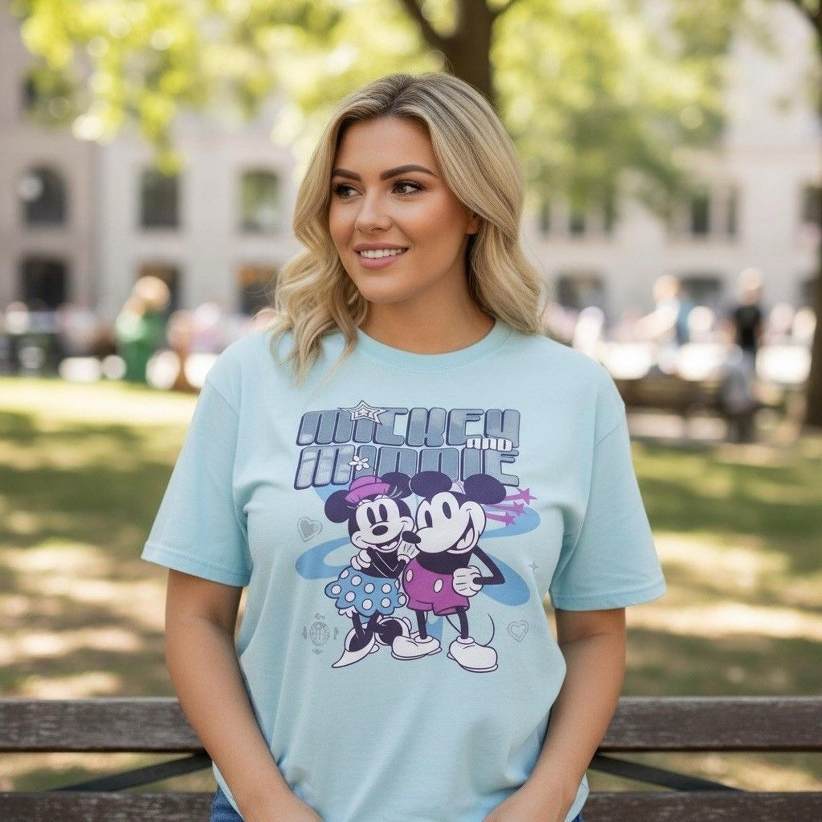 Disney T-Shirt Womens XL Blue Mickey & Minnie Mouse Holographic Portrait XL