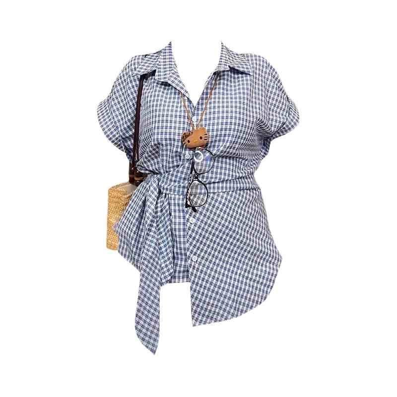 Plus Size Blue Plaid Tie-Waist Short-Sleeve Shirt for Women, Slimming, Summer Hong Kong Style Top