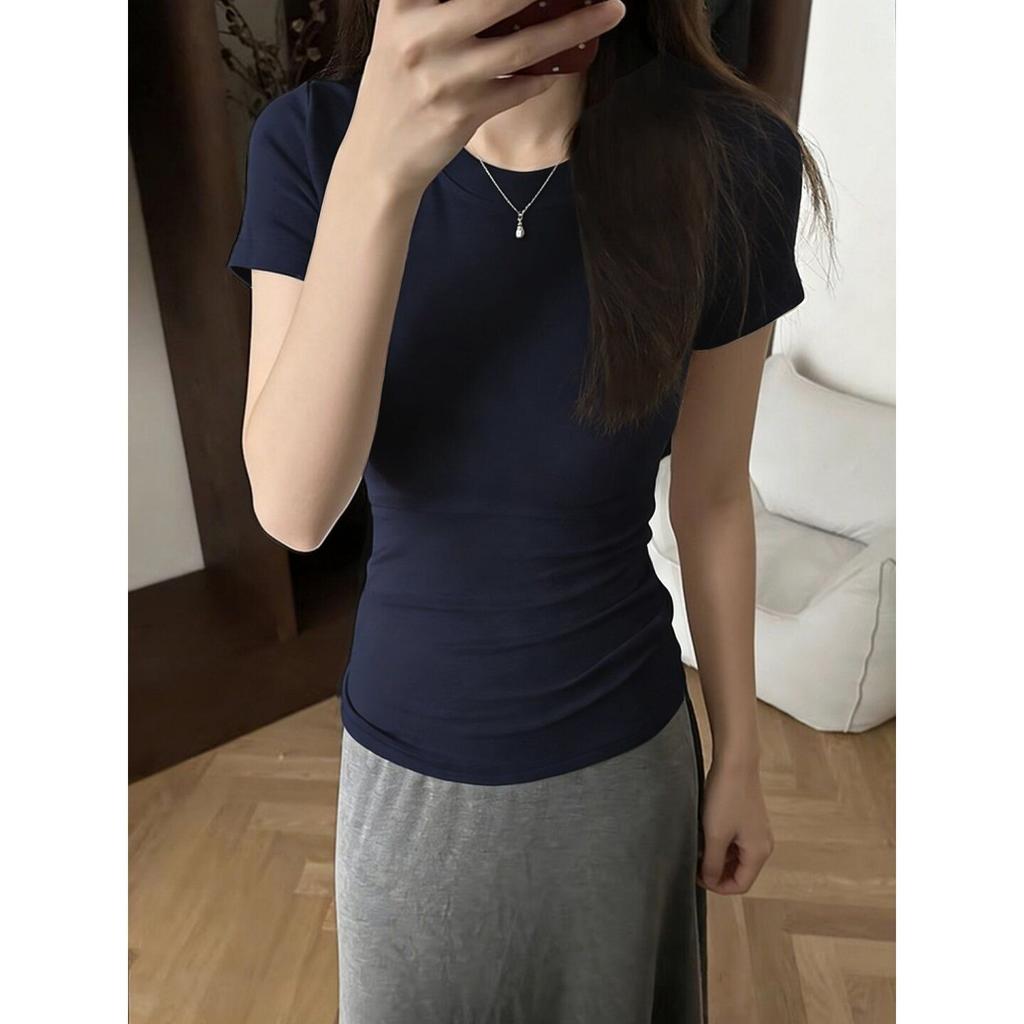 Spring and Summer American Front Shoulder Small Crew Neck Short Sleeve Slim Fit Stacked Wear Mid Waist Skin-friendly Versatile Tights T-Shirt Women