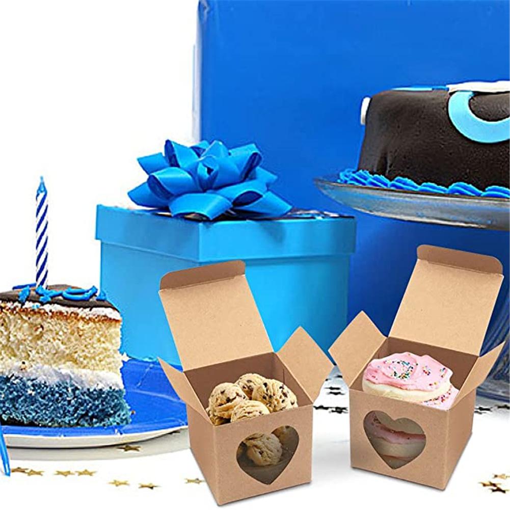 50pcs Square Kraft  Paper  Box Transparent Heart-shaped Window Romantic European Style Sturdy Abrasion Resistant Candy Packaging Box