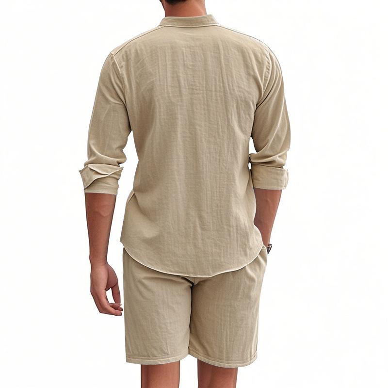 Cotton Linen Breathable Soft Shirt & Shorts Men's Suit Beach Holiday Men's Cotton Linen Long Sleeve Shirt Two-piece Sets